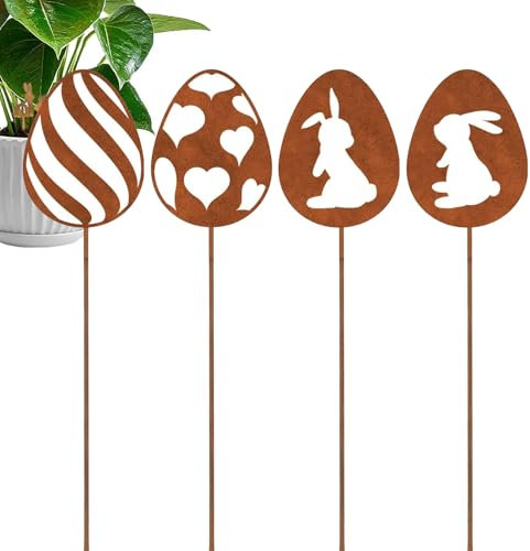 zurabini 4er Edelrost Oster Eier Gartenstecker Deko Rost, Ostereier Gartendeko Rost Baumstecker(Osterei-Stil)