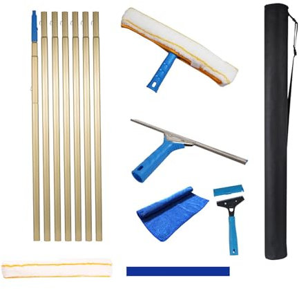 10m Window Cleaning Pole with 35cm Squeegee Rubber Blade High Reach Glass Cleaner Indoor/Outdoor Wiper Tool for Streak Free Shine Yellow