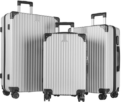 yonsly® Koffer Suitcase Set, Trolley Reisekoffer, Rollkoffer Handgepäck mit 4 Rollen 360°, ABS Hartschalen, Sicherheitsschloss, Weicher Gummigriff, 210D-Futter (3er Set, M,L&XL, Silber)