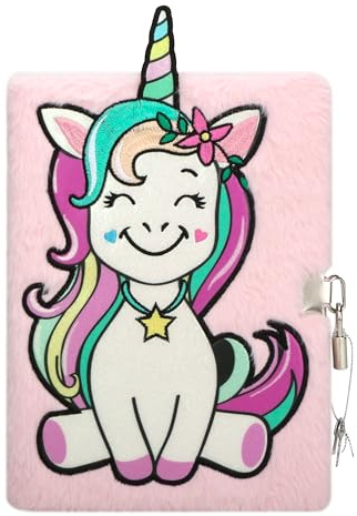 Exerz Diario con Unicorno e Lucchetto – A5 Taccuino in Peluche Rosa 22 x 16 cm – Con Lucchetto e Chiavi – Perfetto per Bambine, Scuola e Regali