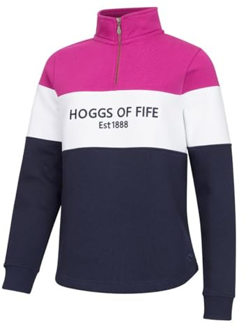 Hoggs of Fife Dumfries 1888 Ladies 1/4 Zip Sweatshirt - Berry/White/Navy 60% Cotton, 40% Polyester, Quarter Length with Branded Zipper Puller