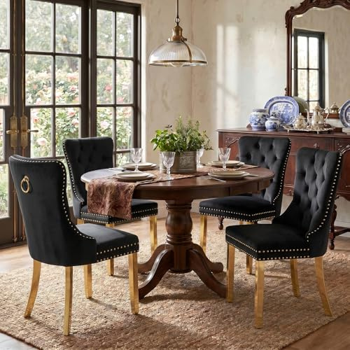 Esszimmerstühle mit gepolstertem Flügelrücken, schwarz und gold, 4er Set | Weicher Samtbezug, Tufting, Nietenbesatz, Rückenring, goldene Metallbeine. Ideal für Esszimmer, Wohnzimmer, Innendekoration.