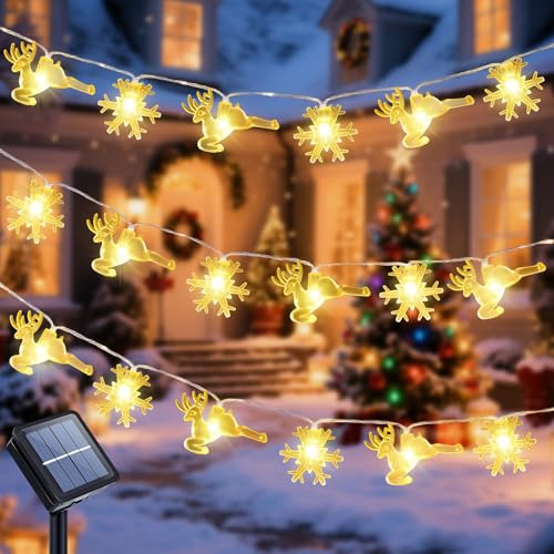 Ninonly Solar Lichterkette Außen, 7m 50 LED Schneeflocke Rentier Weihnachtsbeleuchtung Außen, Weihnachtslichterkette Aussen mit 8 Modi Wasserdicht Weihnachten Deko für Garten Balkon Festival Deko