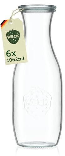Weck Glasflaschen 1062ml – 6er Set – Trinkflasche aus Glas mit Glasdeckeln zum Befüllen – als 1 Liter Wasserflasche, Glaskaraffe mit Deckel oder zum Einkochen & Verschenken