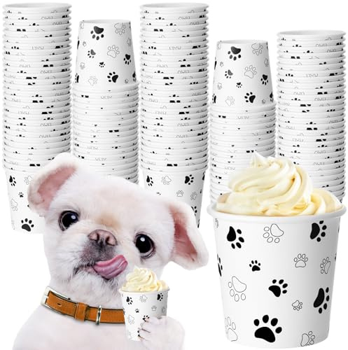 Yungyan 100 Pcs 5 oz Tiny Pup Cups for Dogs Mini Whip Cream Disposable Paper Cups Mini Puppy Dog Paw Pattern Snack Container for Puppy Food Treat Feeding Pet Theme Party Supplies