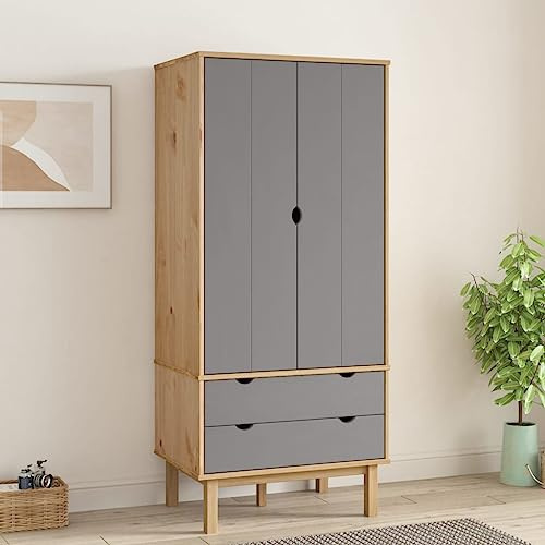 QUAHEAS Kleiderschrank OTTA Braun&Grau 76,5x53x172 cm, Massivholz Kiefer, Skandinavisches Design, mit 2 Schubladen, für Schlafzimmer, Stabiler Stauraum