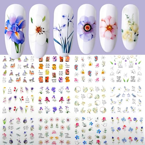 Nagelsticker Wassertransfer Blumen, Nagelaufkleber Selbstklebend Blumen, Nagelaufkleber Blume, Nail Art Sticker Blume, Wassertransfer Nageltattoos, Perfekt für DIY Frühlings-Nagelkunst-Dekoration(B)