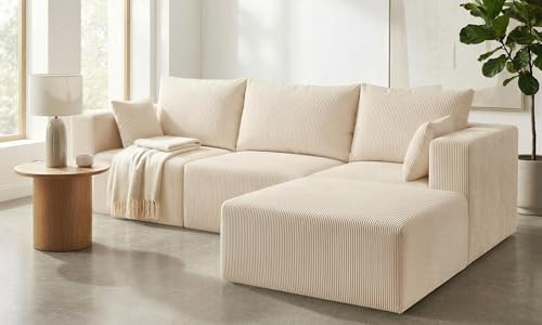 FurniSoar Modulares Sofa 4-Sitzer Beige – Boneless Couch aus Cord, Keine Montage – Sofa L-Form, Ecksofa mit Schlaffunktion, Big Sofa, Cloud Couch in Cremefarben