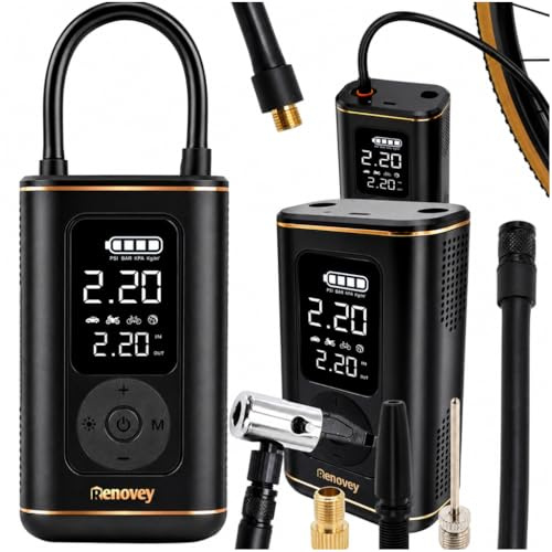 Renovey HT-0188 Elektrische Fahrradpumpe mit Kompressor, 150 PSI / 10,3 Bar, Tragbare Luftpumpe für Fahrrad, Auto und Motorrad, LCD-Display, Auto-Stopp, USB-C, LED-Licht