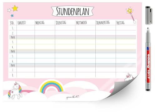 Einhorn-Stundenplan mit selbstklebender Rückseite in rosa I DIN A4 I zum Schulanfang I für Mädchen I selbsthaftend abwischbar wiederbeschreibbar I dv516