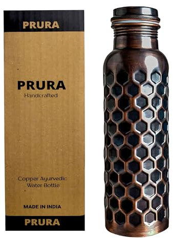 PRURA Copper Water Bottle Diamond Black Pure Copper Bottle Yoga Water Bottle Ayurveda Health Benefits Leak Proof (900ml/30oz, Design 10)