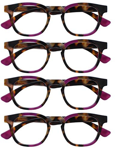 OPULIZE Ava Reading Glasses 4 Pack Flattering Rounded Frame Spring Hinges Scratch Resistant Brown Tortoiseshelll Purple Mens Womens RRRR62-5 +1.50