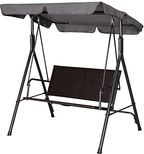 Outsunny Hollywoodschaukel 2-Sitzer Gartenschaukel Schaukelbank Verstellbares Sonnendach Stahlrahmen Rattan 140 x 110 x 151 cm