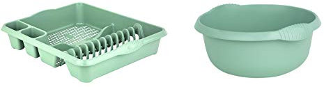 JMS we create smile Set of 2 Plastic Kitchen Large Dish Drainer with 32cm Round Washing Up Bowl (Silver Sage)
