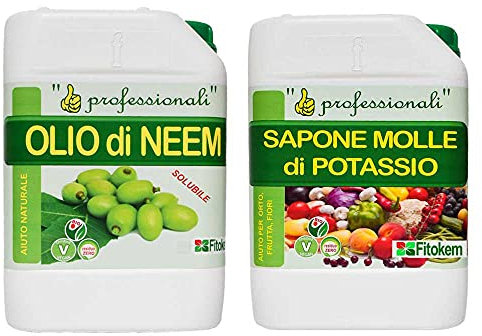 FITOKEM - Kit Olio di Neem Biologico Idrosolubile + Sapone Molle Potassico per Piante (5+5 Lt) Olio di Neem Piante Repellente Naturale con Sapone Molle di Potassio Insetticida, Difendi le Piante