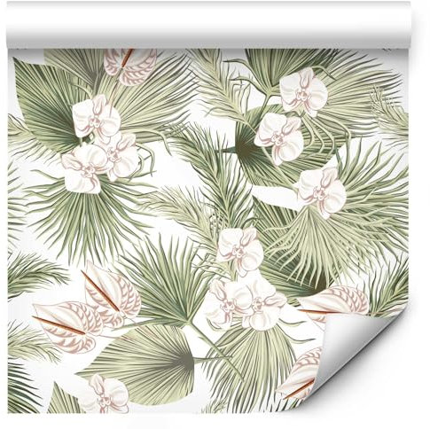 murando - Tapete selbstklebend 10m Wandtattoo dekorative Möbelfolie Dekorfolie Fotofolie Panel Wandaufkleber Wandposter Wandsticker - Blätter Blumen Orchidee grün weiß beige b-B-0582-j-a