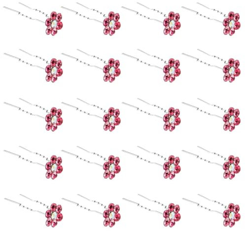 QIUTIMIY Lot de 20 épingles à cheveux en forme de fleur en cristal avec strass pour mariage, accessoires de bijoux pour femme, avec récipient transparent (rose)