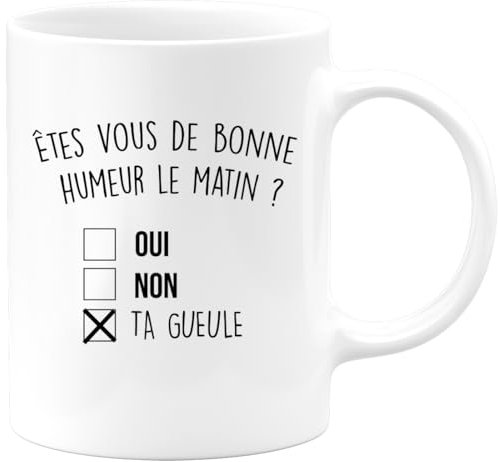 quotedazur - Mug Humour Noir - Ëtes-vous De Bonne Humeur Le Matin Oui Non - Tasse Cadeau Anniversaire Saint-Valentin Râleur Noël Drôle Fun - Blanc/Céramique
