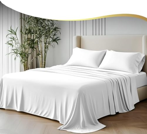 GF 100% Organic Bamboo 300tc Luxurious sateen weave Bedding Set Duvet Cover, Extra Deep 40cm Fitted Sheet, 2 x Pillow Cases (White, King)