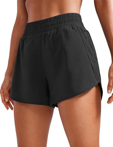 CRZ YOGA Damen Kurz Sporthose Laufhose High Waist Fitness Sport Shorts Kurze Hose mit Reißverschlusstasche Schwarz 44