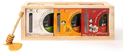 TANNHERZ – 3er Set Deutscher Honig aus dem Schwarzwald – Premium Schwarzwaldhonig im UV-Glas inkl. Honiglöffeln aus Holz – Honig-Mix aus Bienenhonig, Kurkuma-Honig & Winter-Honig in Holzbox (á 350g)