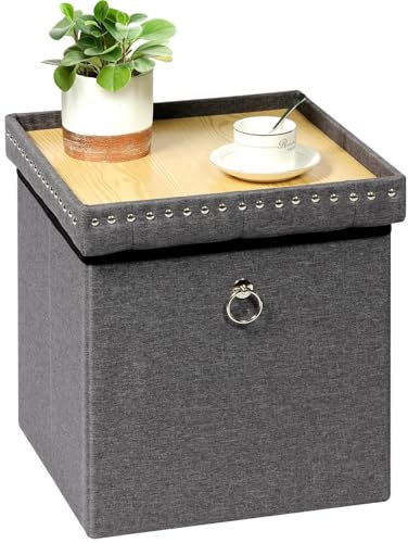 Bonlife Folding Ottoman Storage Cube,Toy Chest Box with Lid,Coffee Table with Tray,Footstool Seat for Living Room,Grey,Linen,40X40X40CM