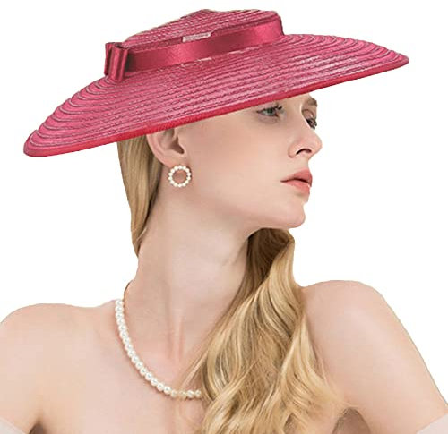 Vintage Fascinators Pillbox Hat for Women Straw Fedora Wide Brim Ladies Church Sinamay Derby Hats, Wine Red, M