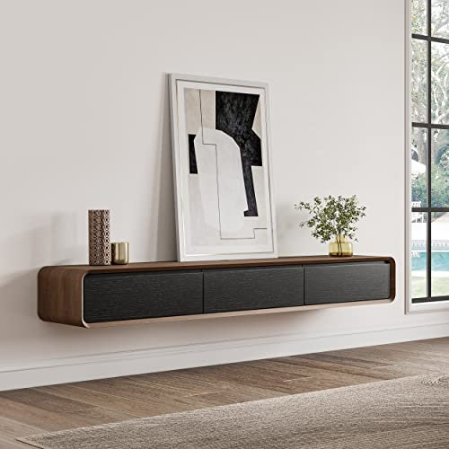 POVISON TV Schrank schwebend 200cm modern Schwarz & Eichenoptik aus Massivholz mit 3 Schubladen, TV Lowboard hängend mit Kabelmanagement hochwertig, Komplettmöbel mit Stauraum für Wohnzimmer
