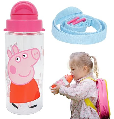 Peppa Pig Plastic Water Bottle, BPA- free Straw Sipper with Strap, 500ml Leakproof Non Spill Summer Water Bottles for Cycling Running Travel Back To School Kids 3+ Years Size - 20cm