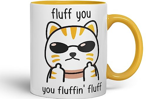 Vixar Fluff You Cat Joke Adult Ceramic Mug Coloured Mug Cup Gift Tea Coffee Christmas Office Home (G Yellow)