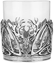 A E Williams Whisky Tumbler with Stag Head and Thistle Pewter Design | Heavy Bottom Crystal Glasses | Wine Cocktail Bourbon Drinking Glass | Unique Gift for Men Birthday Anniversary Party