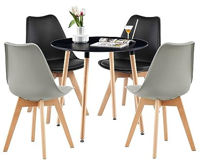 FURNITABLE Round Esstisch mit 4 Schwarz & Grau Stühle Essgrupp Holztisch Skandinavisches Stuhl Esstisch Set für Esszimmer Küche 80cm