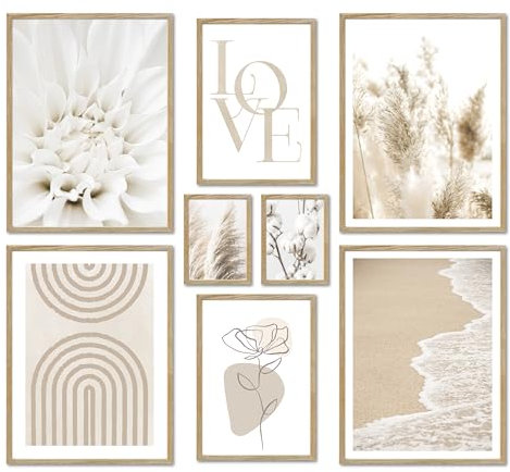 ARTFAVES® Poster Set - BEIGE SOFTNESS - mehrteilige Wanddeko Wohnzimmer & Schlafzimmer - 8 moderne Wandbilder Abstrakte Formen, Pampasgras, Blüte, beige, Meer - mit Rahmen Eiche