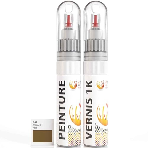 ipixline Kit Retouche Peinture Carrosserie Voiture - Stylo Correcteur Peinture 30 ml, Vernis Brillant 1k 30 ml - Compatible avec Ral - Gris Kaki 7008