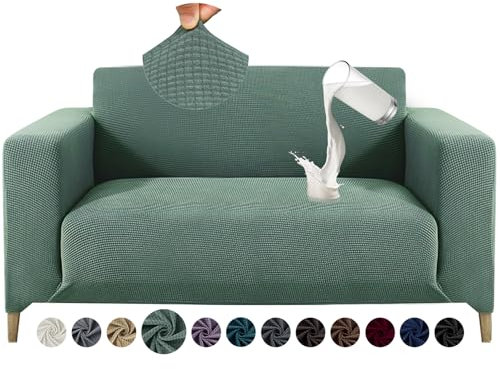 Alishomtll Sofa Überzug 2 Sitzer Stretch Sofabezug Universal Wasserabweisend Couch Überzug Sofaüberwürfe Elastische Jacquard Couchbezug rutschfest Sofaschoner für Hunde Katzen (140-185cm, Matchagrün)