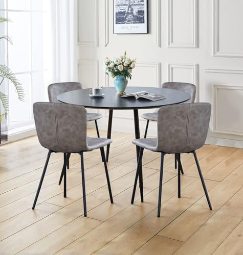 Hallowood Furniture Cullompton Black Round Dining Table and Chairs Set 4 | 120cm Wooden Effect Kitchen Table and Chairs in Taupe Faux Leather, Modern Dinner Sets for 4 People Ideal for Home and Café