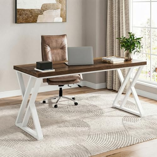 Tribesigns 140cm Rustic Computer Desk – Industrial Home Office Desk, Farmhouse Style Writing Desk with Z-Shaped Metal Legs, Executive PC Gaming Workstation for Bedroom, Walnut White