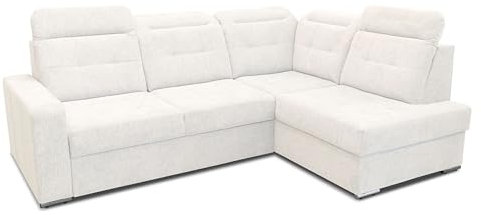 Furniture-Adamski Ecksofa ALFA mit einstellbaren Kopfstützen, Eckcouch in L-Form mit Schlaffunktion und Bettkasten, Velourstoff, Farbe: Weiß, Ottomane Rechts