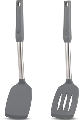 Cooptop Pfannenwender-Set, antihaftbeschichtet, massives und geschlitztes Silikon, hitzebeständig, für Fisch, Eier, Pfannkuchen, 2 Stück (Schwarz/Grau)
