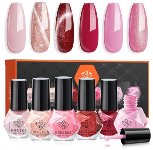 MODELONES Vernis à Ongles, 6 PCS Brillant Séchage Rapide Vernis à Ongles Lot Rose Rouge Cat Eye Pailleté, à Base D'eau Vernis Lot, DIY Nail Art Manucure, Cadeau pour Les Femmes