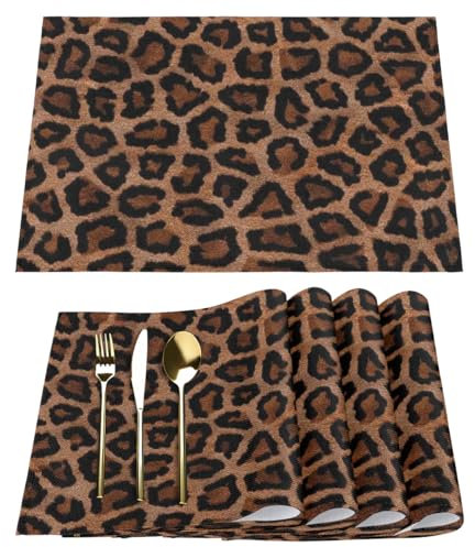 Leopard Print Placemats Fabric Table Mats Set of 6 Leopard Placemat for Kitchen Dining Table Home Washable Non-Slip Heat Place Mat