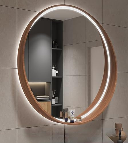 50 cm Badezimmerspiegel, runder Wandspiegel mit Holzrahmen, für Wanddekoration Spiegel, geeignet für Wandspiegel im Schlafzimmer, Wohnzimmer, originale Holzfarbe