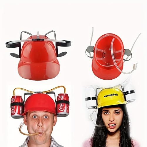 SZHXVIVISY Creative soda beer drinking helmet lazy drink drinking hat for sports events beer cap with hose and can holder hands free party drink dispenser (Red)