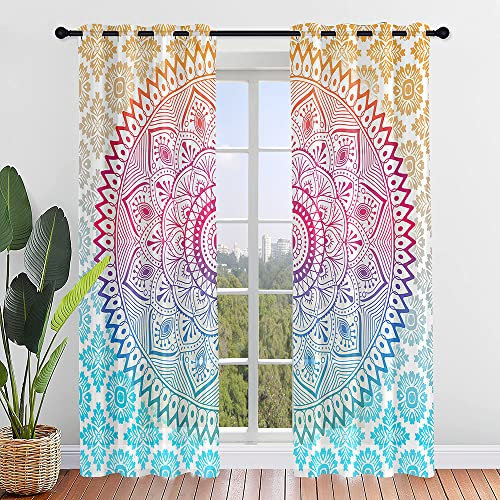 Odot 2er Set Voile Vorhänge Sheer Vorhang mit Ösen, 3D Buntes Mandala-Totem Druck Transparent Gardinen Ösenschal für Wohnzimmer, Schlafzimmer, Sonnenlichtfilterung (107x244cm,Hellblau)