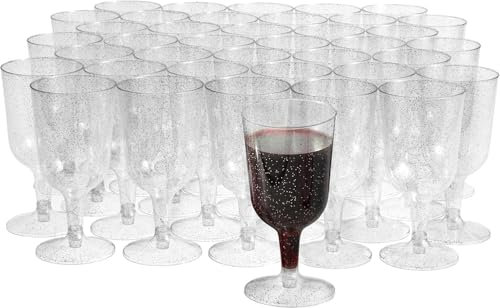 MATANA 50 Verres à Vin en Plastique avec Paillettes Argentées, 170ml - Solides et Réutilisables - Gobelets pour Cocktails, Dessert - Parfaits pour Les Fêtes, Anniversaires, Mariages, Noël