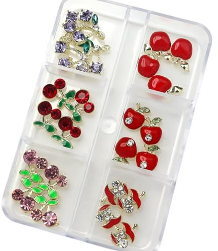 RUNRAYAY 24Pcs 3D Cherry & Apple Nail Art Charms, Elegant Nail Studs Diamonds for Nail Accessories, Summer Fruit Nail Jewelry Decoration for DIY Crafts Nail Decor, B