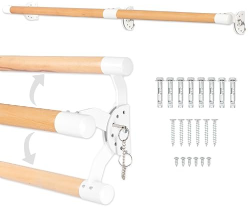Ilyapa Ballet Barre for Home - 5 Ft 8 Inches Wood Adjustable Wall Mount Ballet Bar Dance Equipment - 64 inch Stud Spaced White Powder Coated Brackets