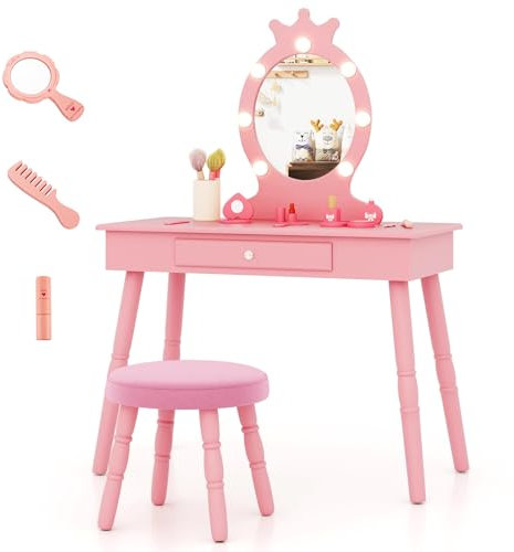 COSTWAY Schminktisch Kinder mit Beleuchtung, 2 in 1 Frisiertisch Prinzessin mit abnehmbarem Spiegel & Schublade, Schminkkommde Holz mit Hocker, Kosmetiktisch Mädchen für Kinder von 3-7 Jahren (Rosa)