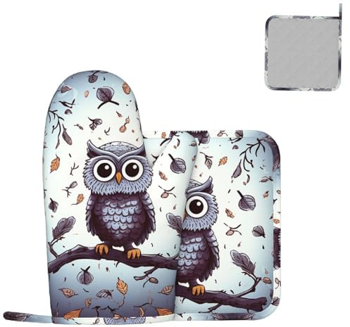 Ofenhandschuhe und Topflappen, Set mit Eulen, Baumzweigen, Ofenhandschuh, hitzebeständig, Ofenhandschuhe zum Kochen, rutschfeste heiße Pads, waschbare Kochhandschuhe zum Backen, Grillen, Mikrowelle, 2