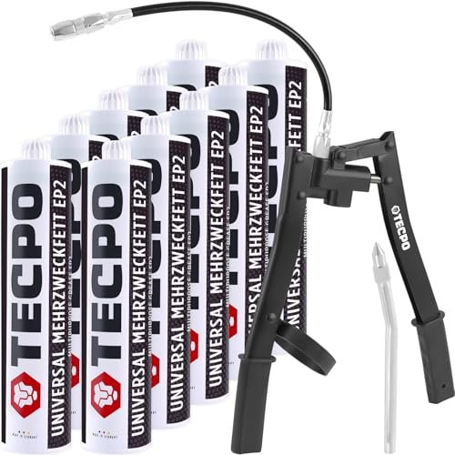 TECPO 10x Universal Mehrzweckfett 500g EP2 Lithium Schmierfett universell einsetzbares Langzeitfett temperaturbeständiges Gleit- Wälzlager Lithiumfett, wasserbeständig, mit Zweihand-Kartuschen-Presse